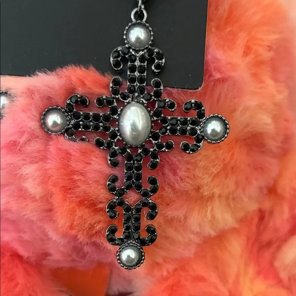 Torrid Black and Silver Cross Drop Dangle Earrings Rhinestone Hematite New - Picture 2 of 3